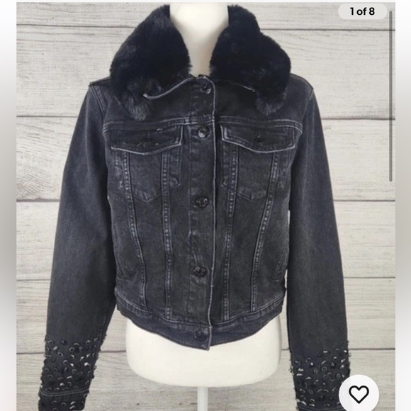 Guess Black S Embellished Jean Jacket with Removable Faux Fur Collar  MSRP $198 - Picture 1 of 7